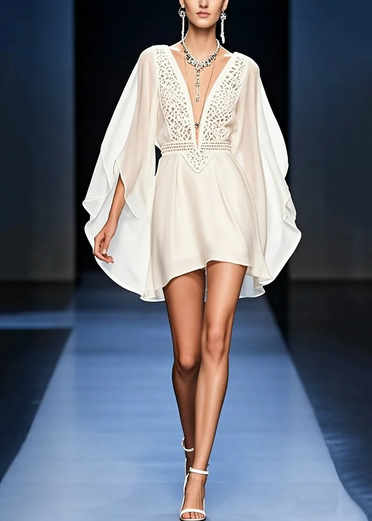 Italian White V Neck Hollow Out Chiffon Mid Dress Batwing Sleeve