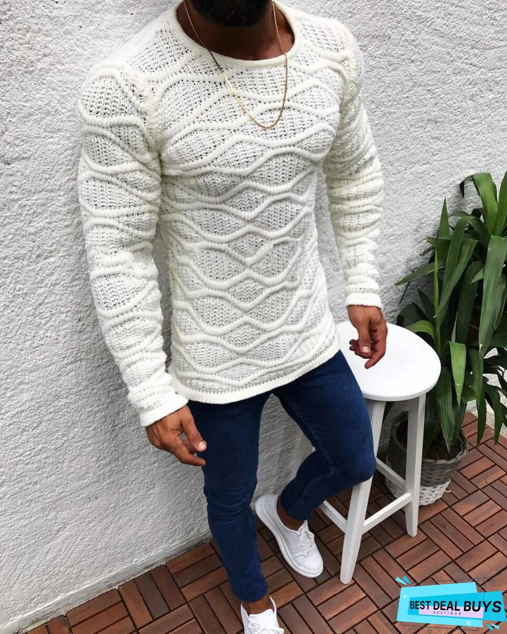 Slim Fitting Long Sleeve Round Neck Pullover Sweater Male