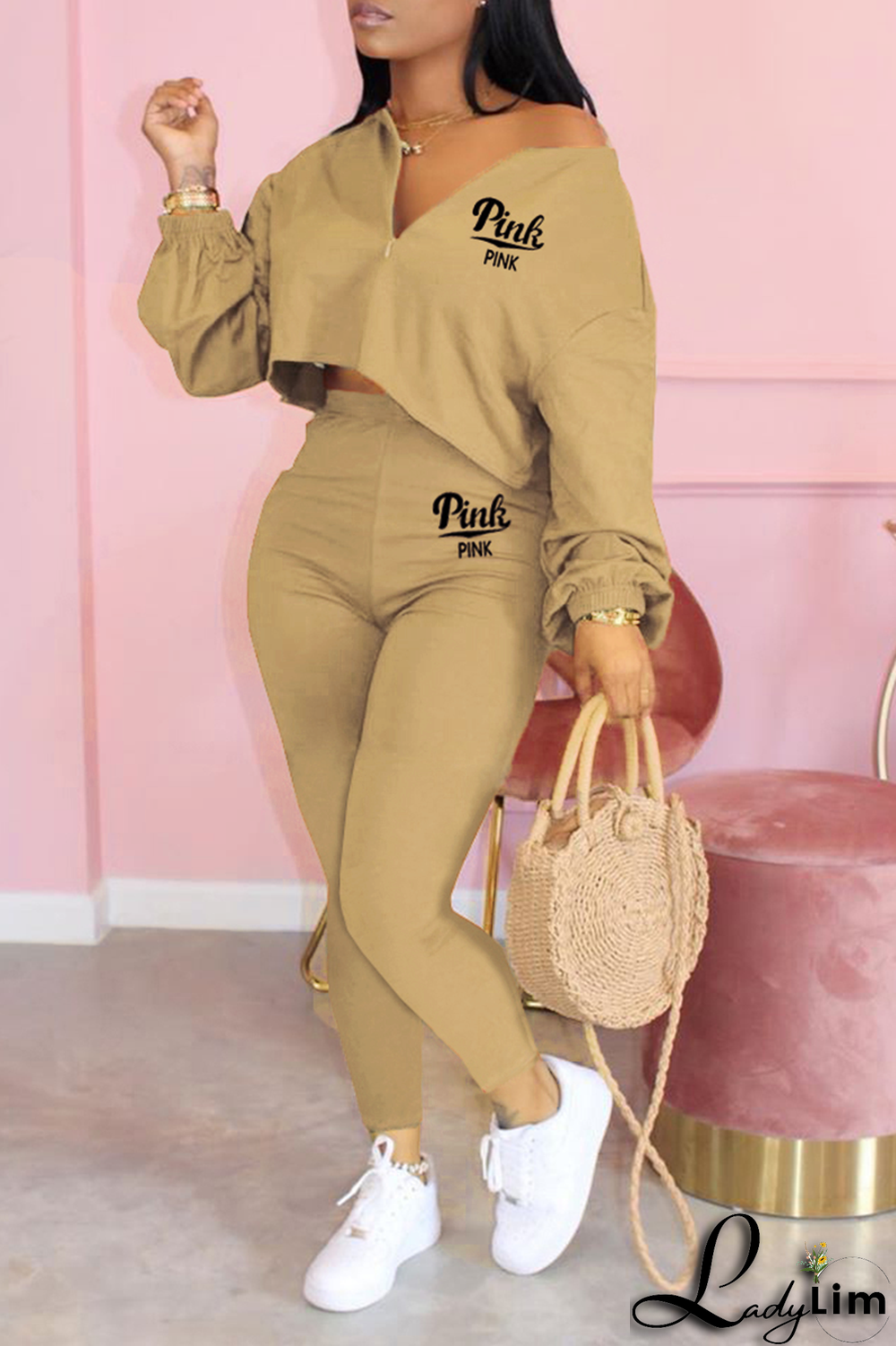 Army Green Fashion Print Patchwork V Neck Long Sleeve Two Pieces