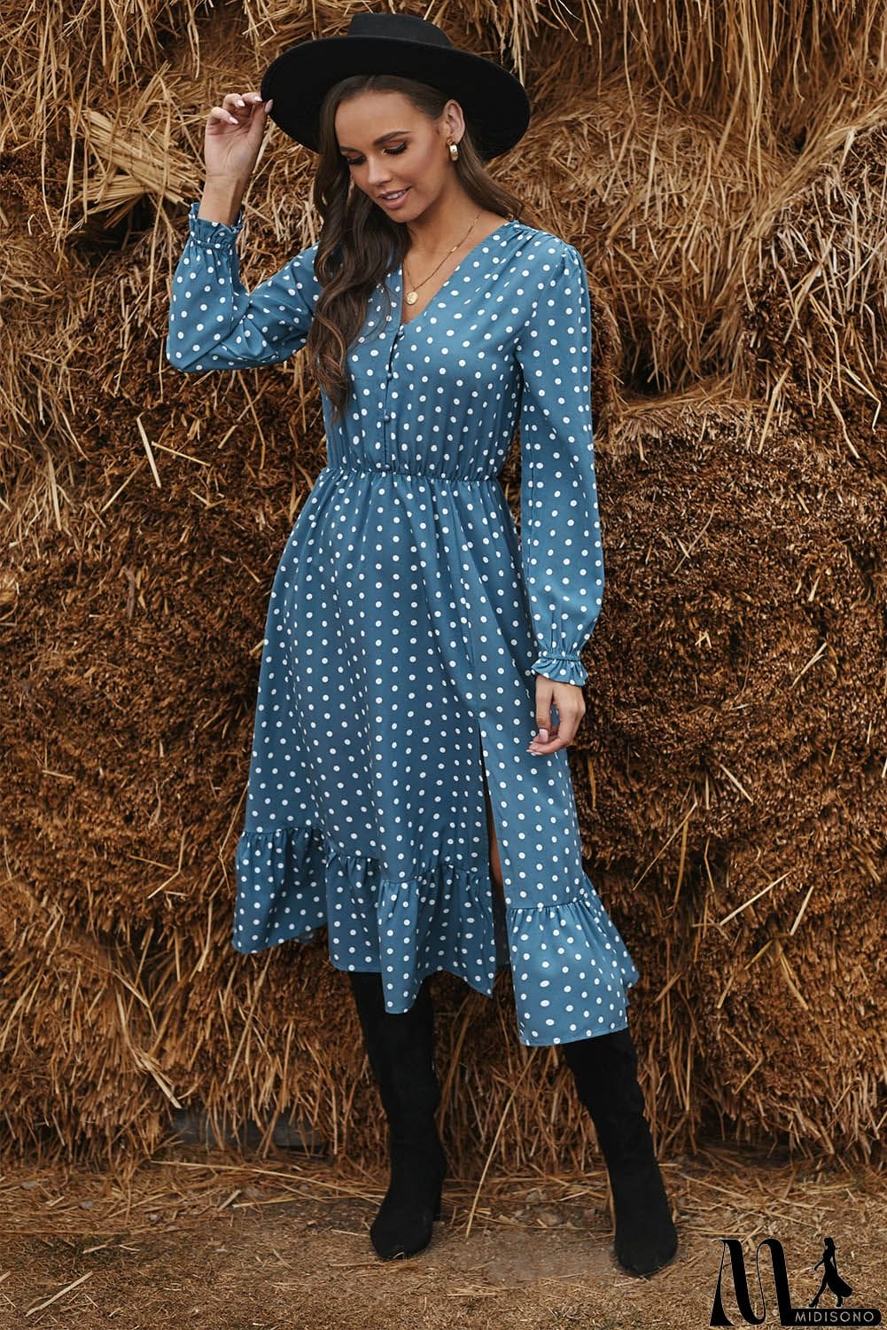 MidiSono - Blue Button Polka Dot High Slit Ruffled Long Sleeve Midi Dress