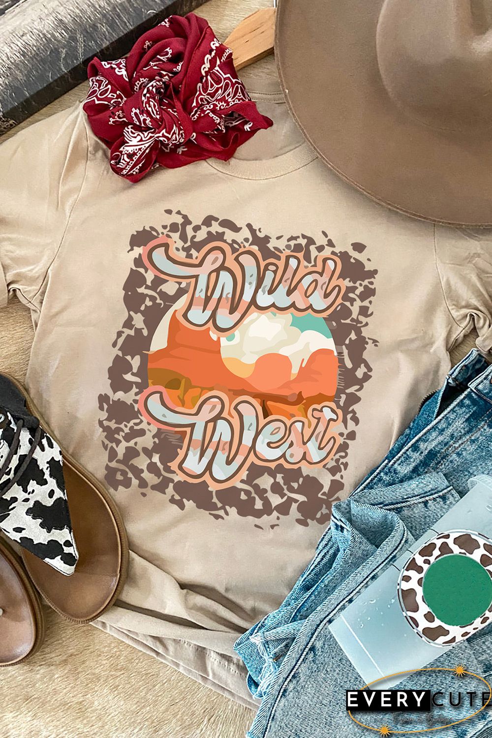 Khaki Wild West Western Pattern Print Short Sleeve T Shirt