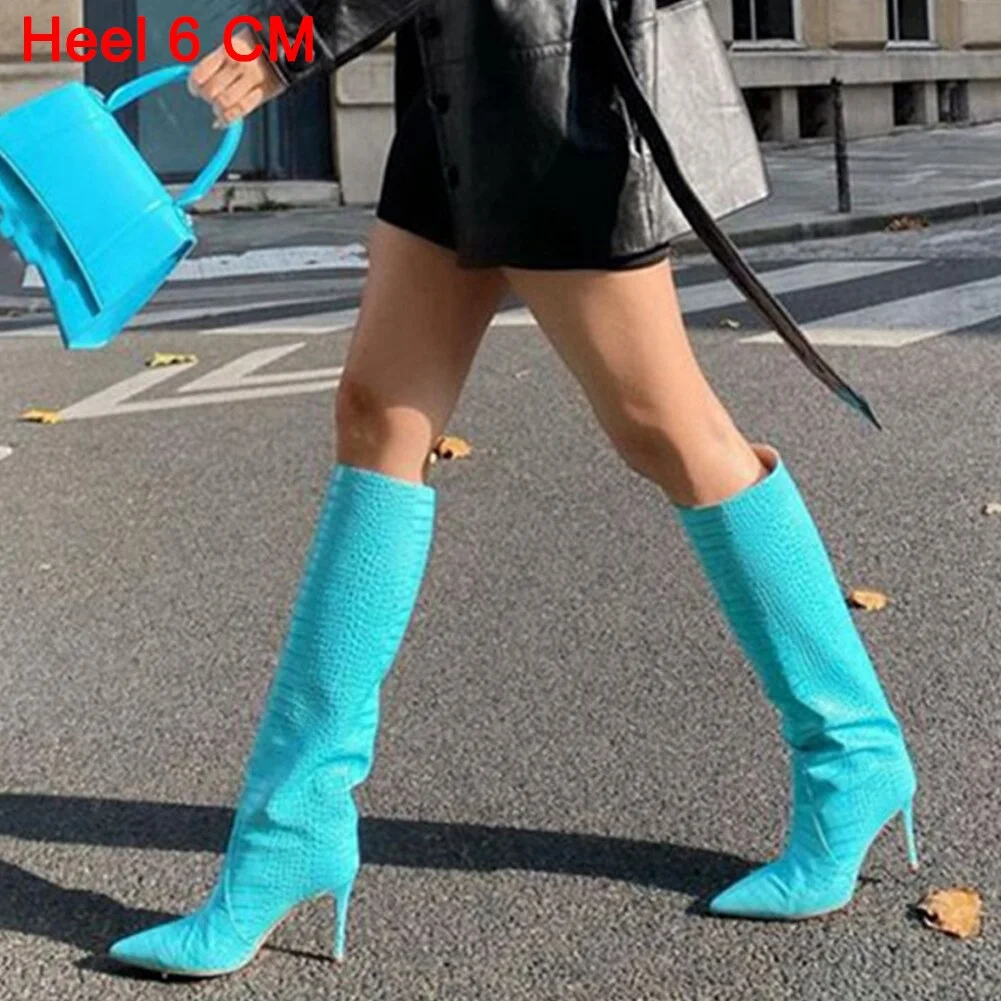 New Fashion Sexy Luxury Crocodile Pattern Knee High Heels Women's Boots Banquet Party Wedding Stiletto Mid Calf Boots Woman