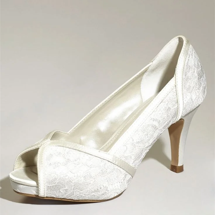White Bridal Shoes Lace Heels Platform Peep Toe Pumps for Wedding |FSJ Shoes