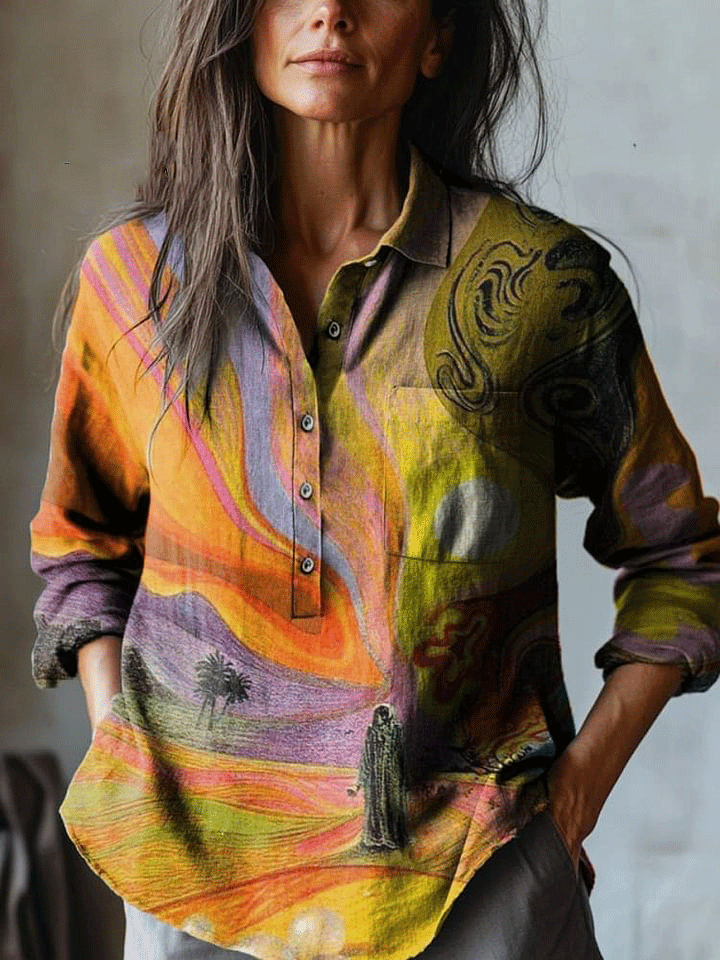 Women's Retro Abstract Color Art Print Casual Cotton And Linen Shirt