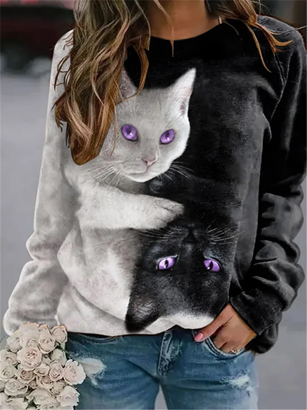 Casual Sweatshirts Women Cat Printed Crew Neck Long Sleeve Hoodies Pullover Loose Spring Plus Size Clothes