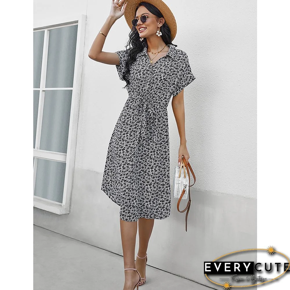 White Floral Print Button Shirt Dress with Belt