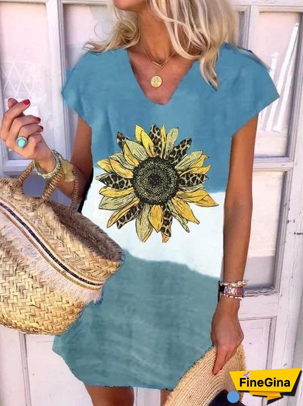 V-Neck Short Sleeve Flower Printed Casual Dress