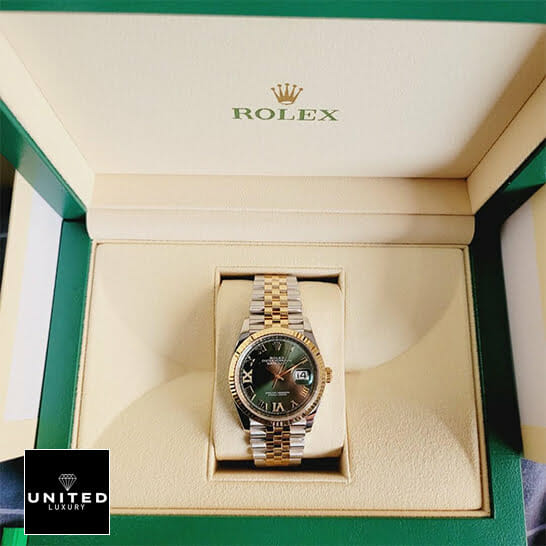 Rolex Roman Green Dial Steel Gold Replica in the rolex box