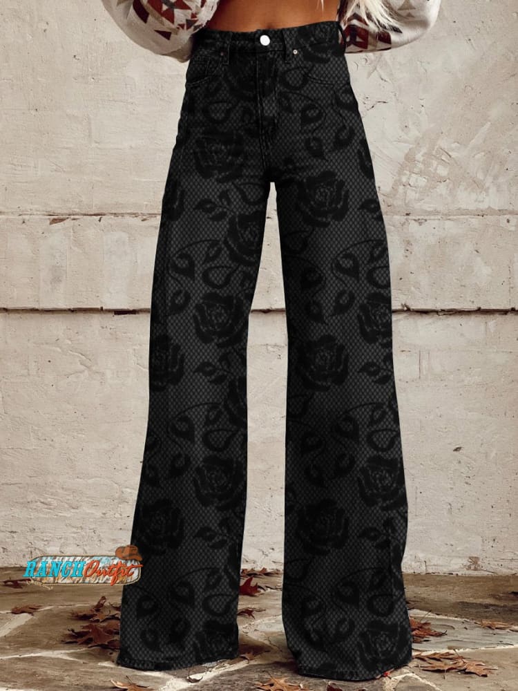 Women’s Roses Lace Pattern Printed Casual Wide Leg Pants Black / S