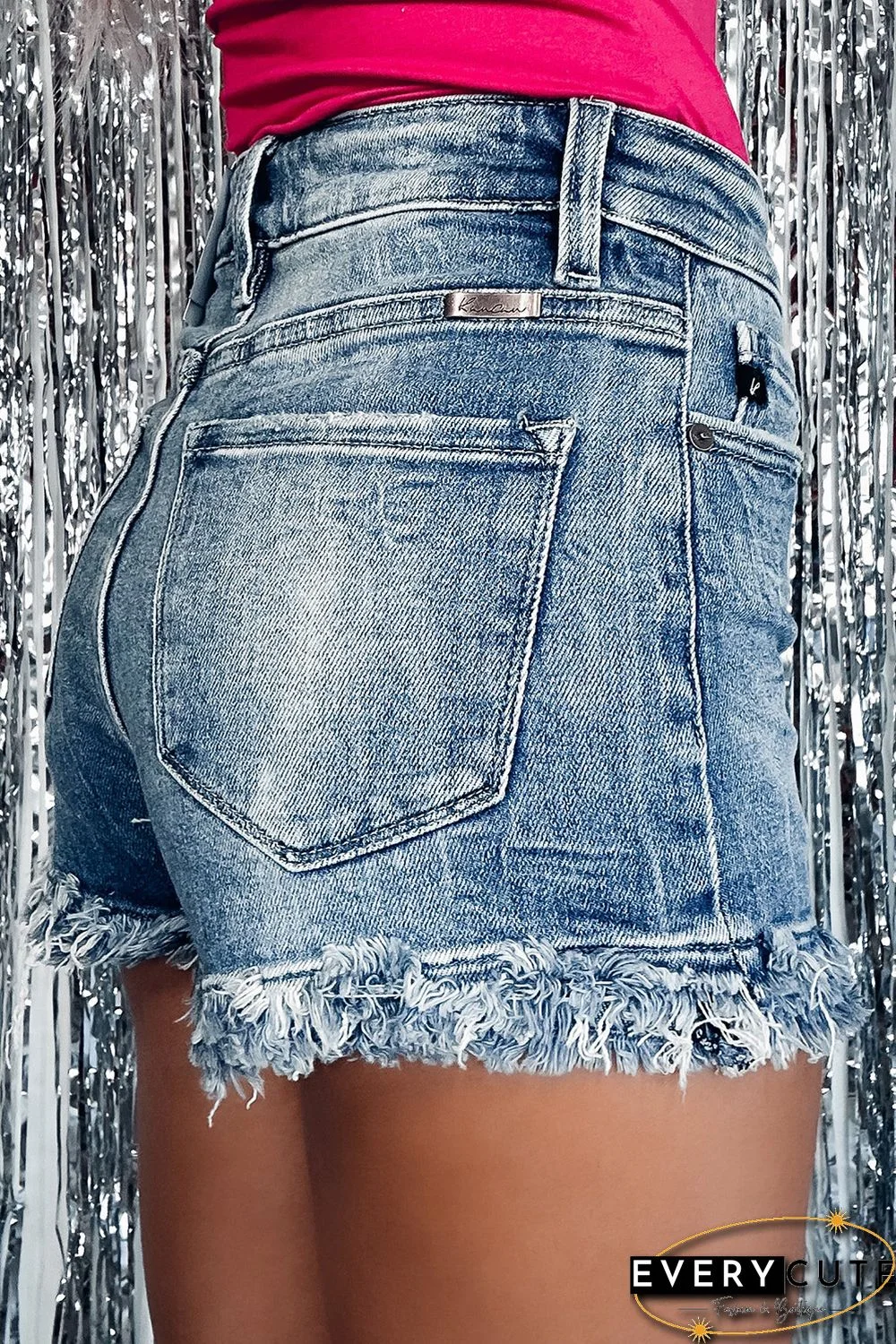 Blue Raw Hem High Waist Skinny Denim Shorts