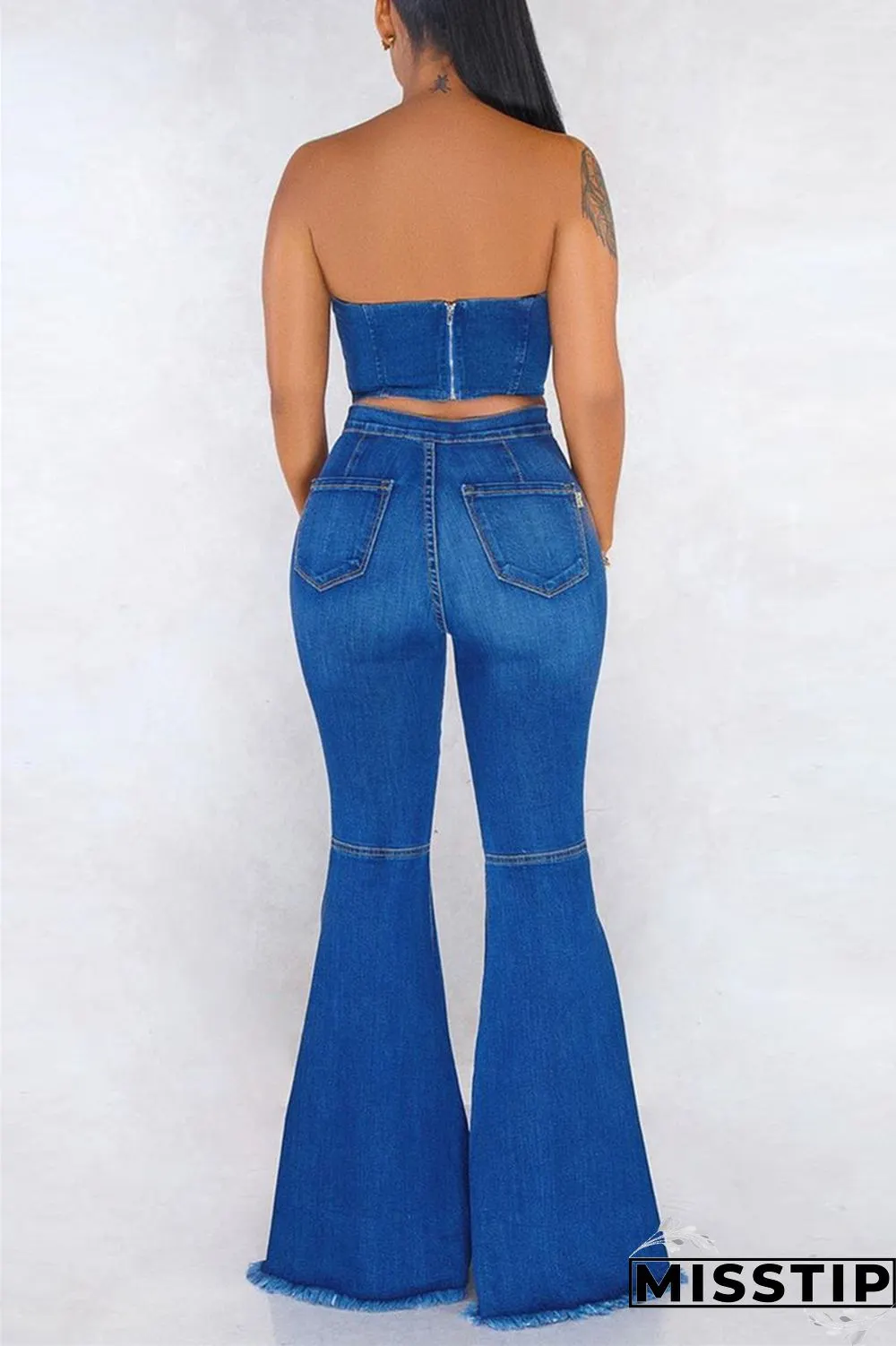 Color blue Sexy Solid Ripped High Waist Boot Cut Denim