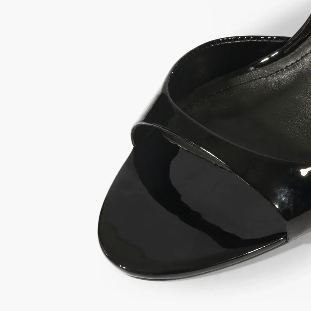 Black Patent Leather Open Round Toe Comfortable High Heel Mules