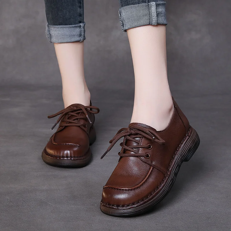 Yyvonne Layer Of Kraft Hand Hand-Skinned Soft Soles Casual Leather Shoes Women's Autumn New Comfortable With Kraft Single Shoes Retro Women's Shoes