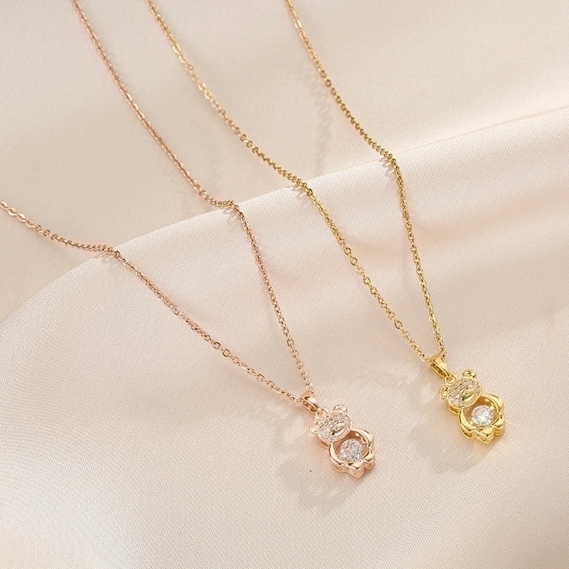 Cute Sweet Little Bear Titanium Steel Plating Inlay 18K Gold Plated Zircon Pendant Necklace