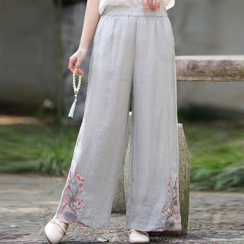 Comstylish Vintage Embroidered Cotton And Linen Wide-leg Pants