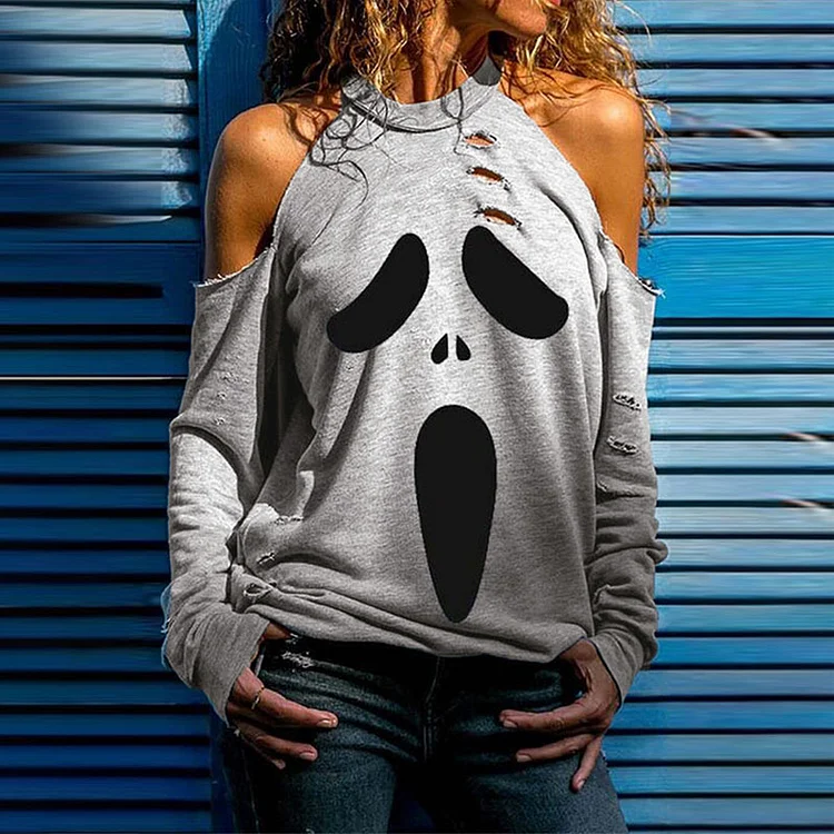 Casual Halloween Printed Off-shoulder T-shirt