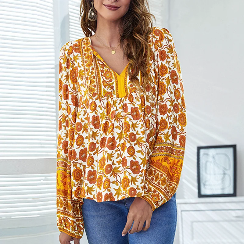Women's V-Neck Ethnic Print Long Sleeves Blouses