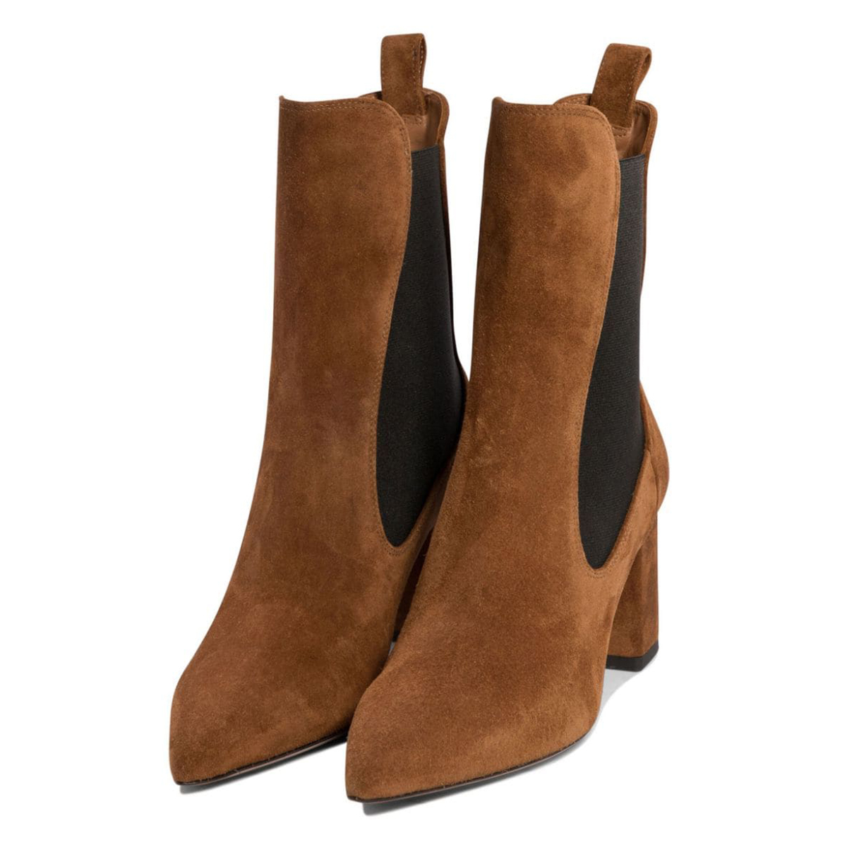 Vegan Suede Pull-Tab Pointed Toe Block Heel Ankle Boots in Tan Nicepairs