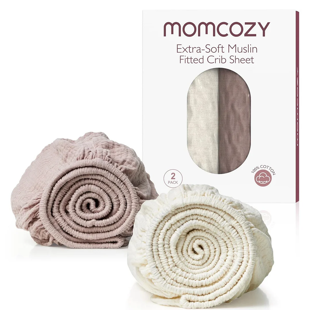 Momcozy Muslin Fitted Crib Sheet, Soft Breathable Natural Cotton 52"x28" Baby Mattress Sheet, 366° Mattress Wrapping No Slip Boys Girls Neutral Toddler Bed Sheet, Large, Coffee Red