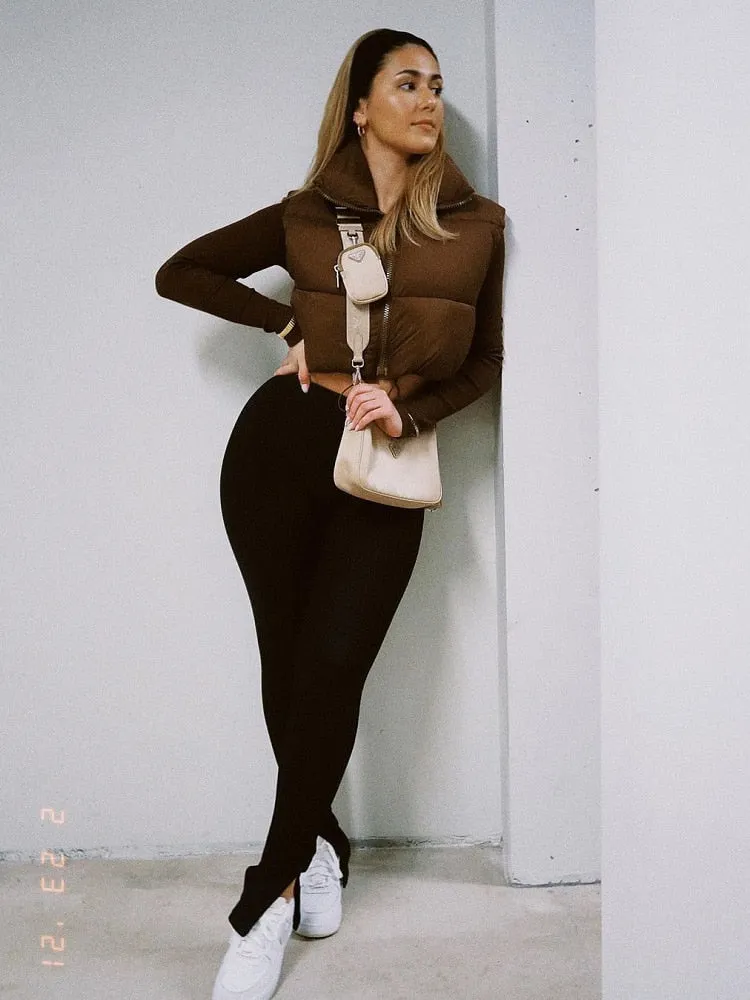 2021 Women Fashion Brown Cropped Vest Coat Female Stand Collar Zipper Waistcoat Ladies Casual Outerwear