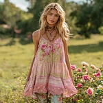 Women's Retro Pink Rose Floral Linen Sleeveless Top - Image 2