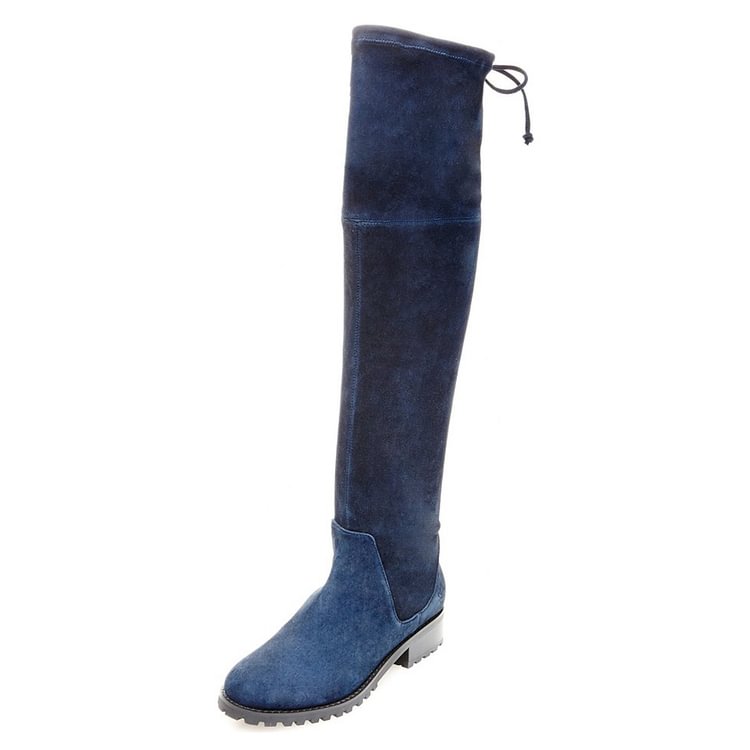 Navy Long Boots Round Toe Flat Suede Over-the-Knee Boots |FSJ Shoes