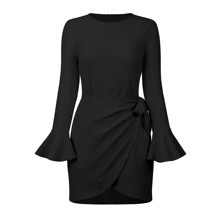 Casual Solid Color Ruffle Long Sleeve Mini Dress - yankia