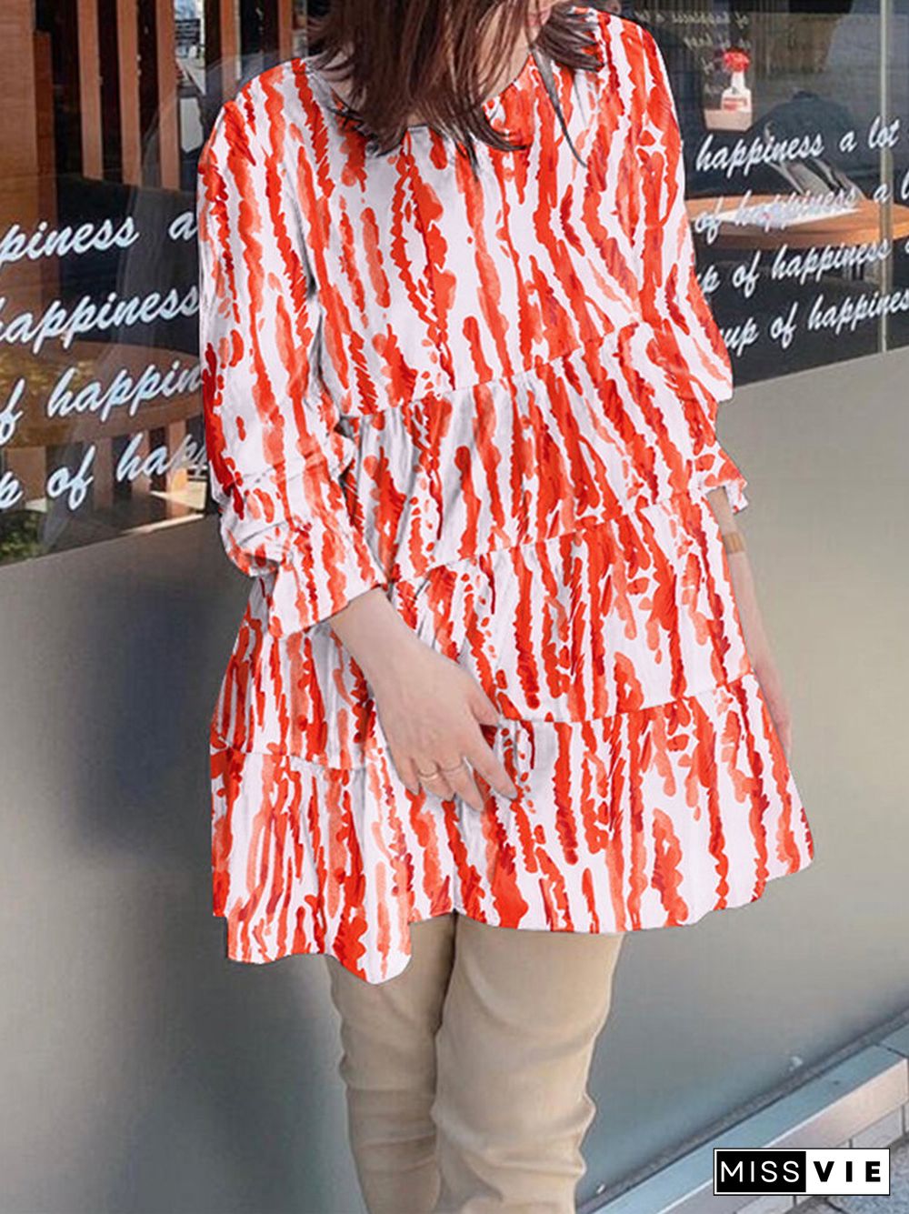 Stripe Round Neck Ruffle Long Sleeve Blouse