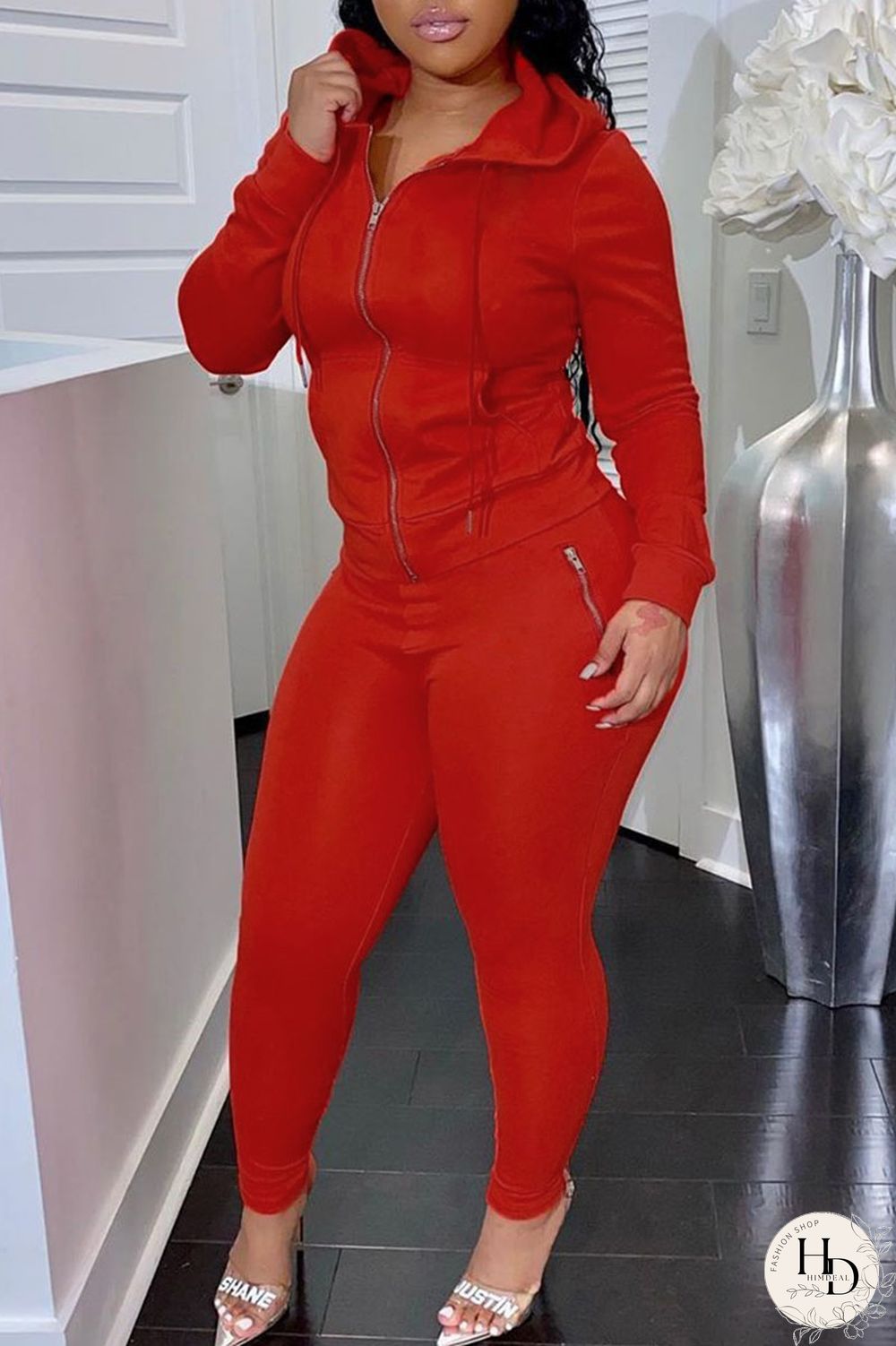 Red Casual Solid Split Joint Zipper Hooded Collar Long Sleeve Two Pieces