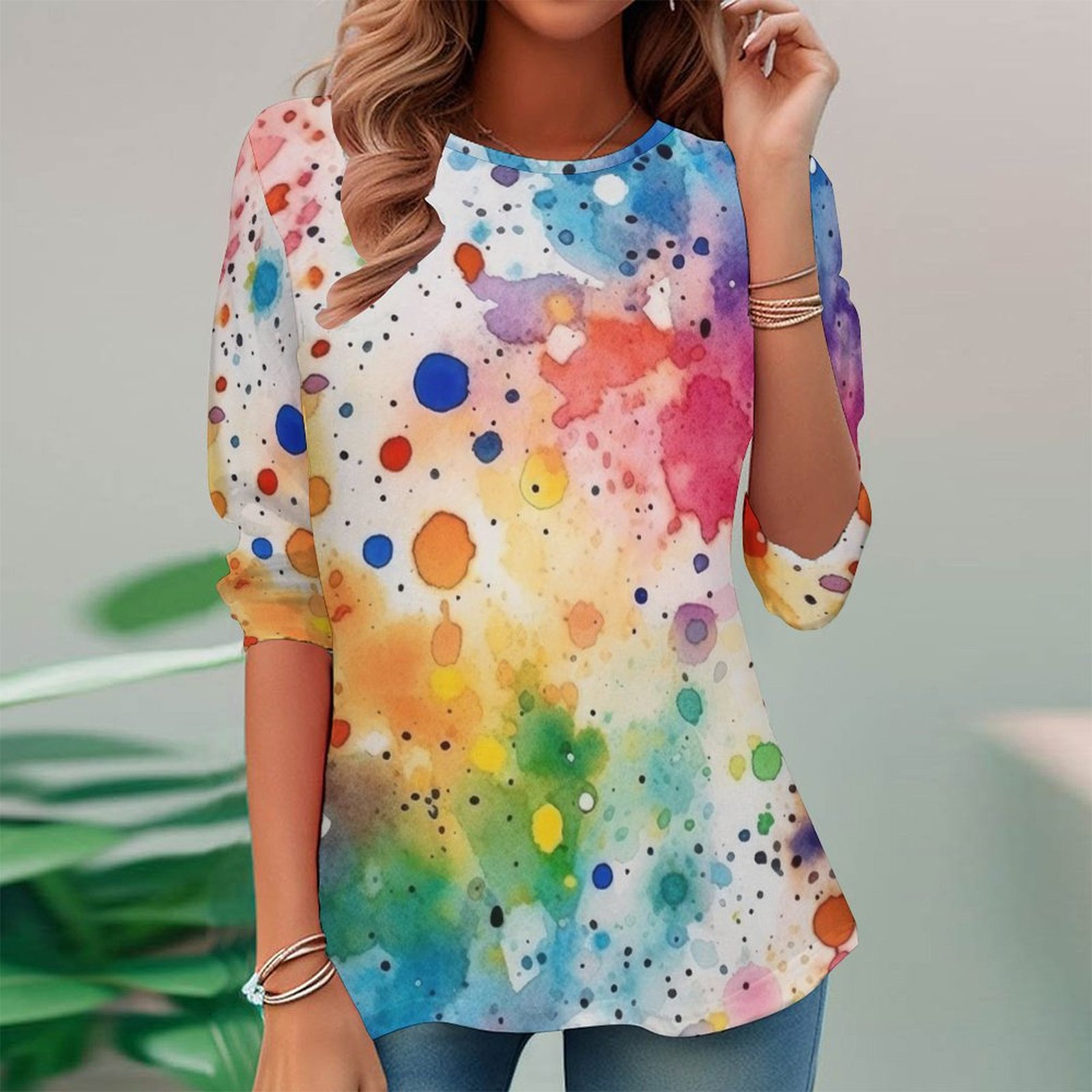 Women Long Sleeve V-neck Graphic Floral Printed Top