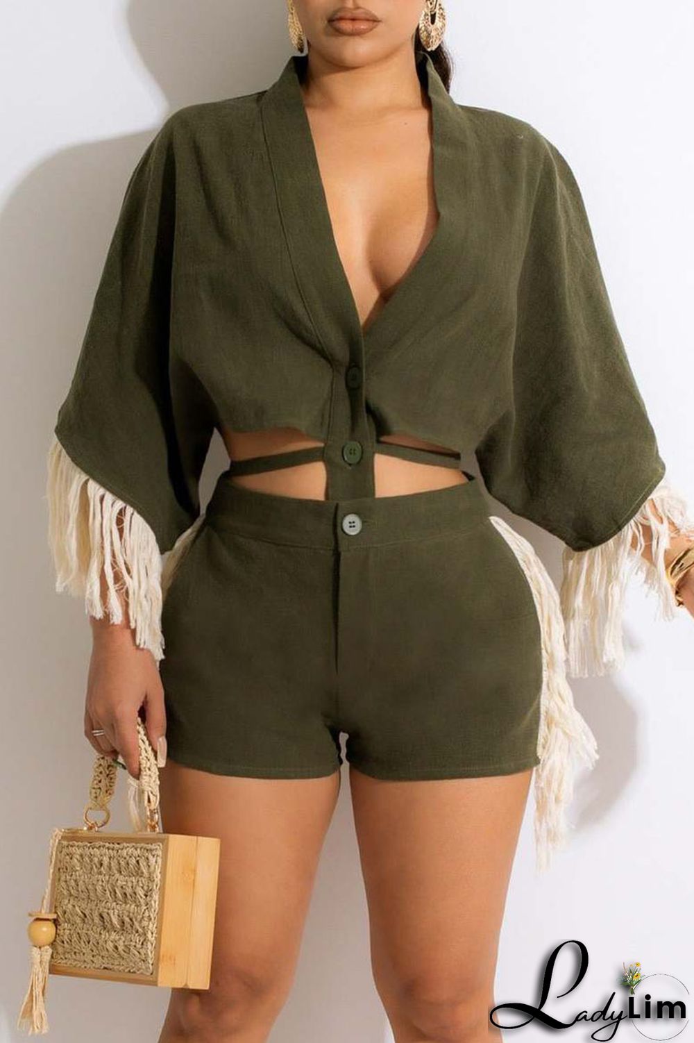 Tangerine Red Casual Solid Tassel Bandage Split Joint Buckle V Neck Half Sleeve Two Pieces