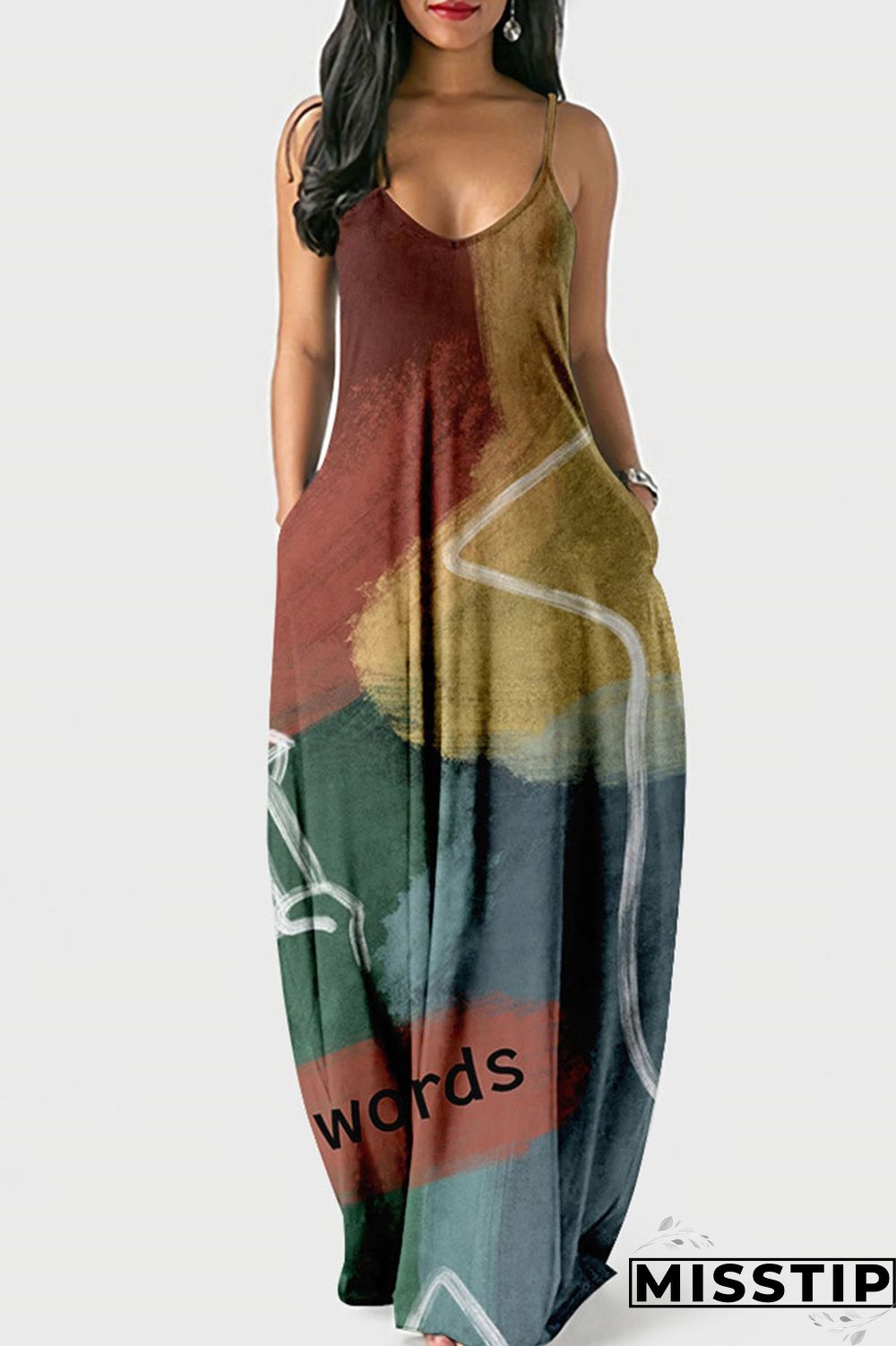 Red Street Print Patchwork Spaghetti Strap Lantern Dress Dresses