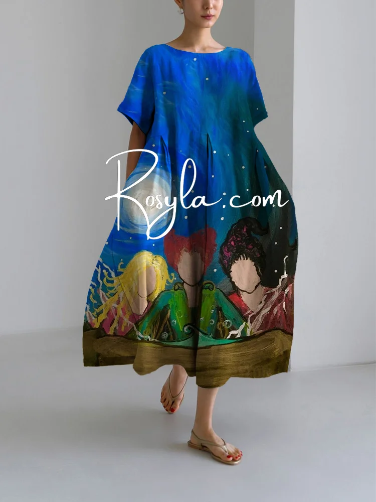 Women's Casual Art Night Loose Round Neck Medium Length Skirt Dress