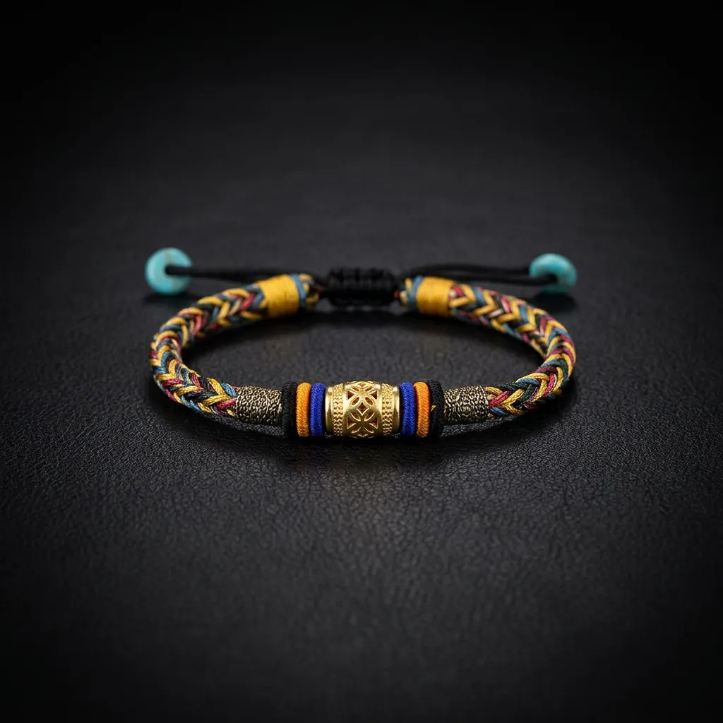 JiStones Artisan Hand-Woven Five-Color Cord Bracelet | Gold-Tone Filigree Fortune Charm Multicolor Heritage Weave