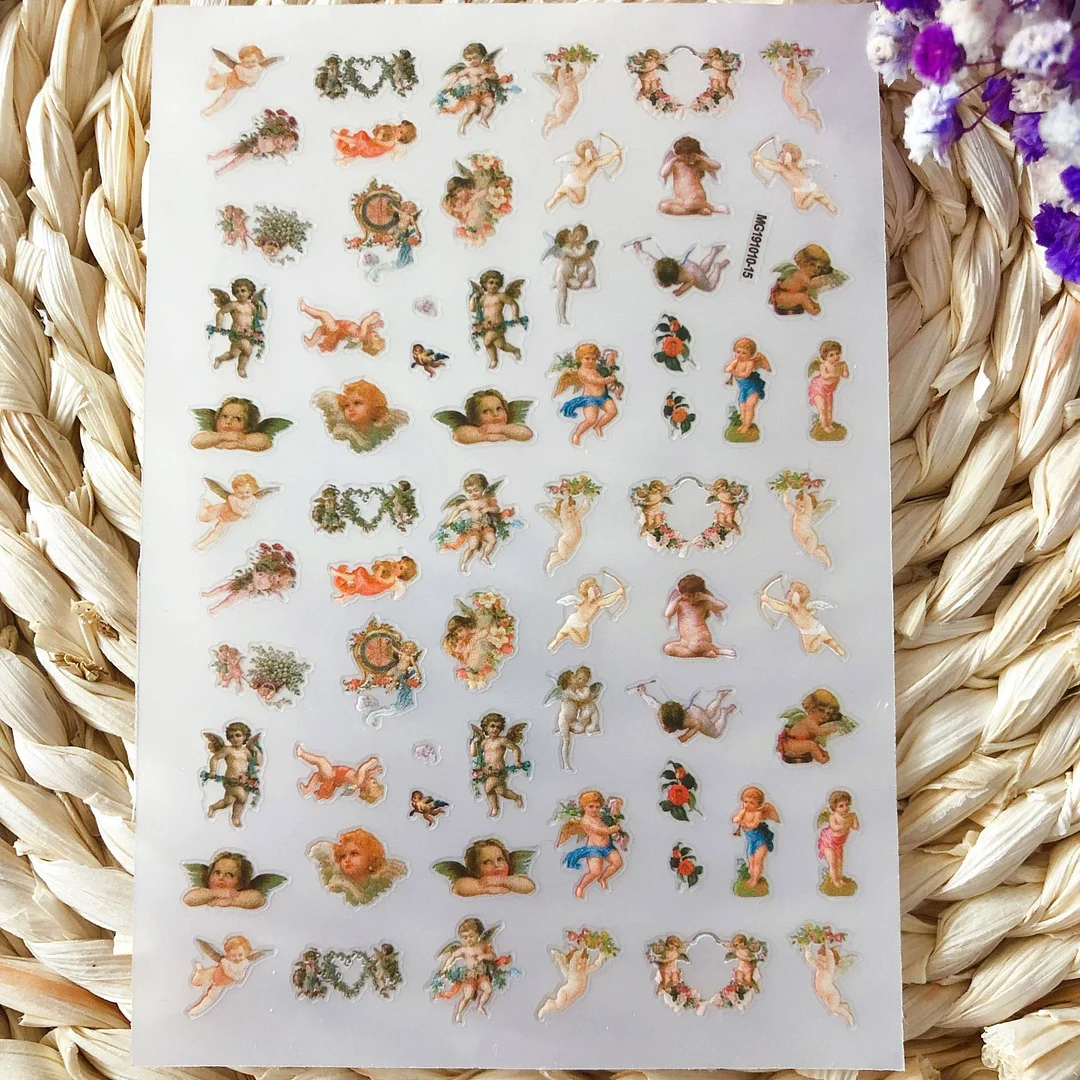 3D Angel Pattern Nail Stickers Cupid Flower Self-Adhesive Transfer Decals Slider DIY Tips Nail Art Decorations Manicure-Nail Inspo