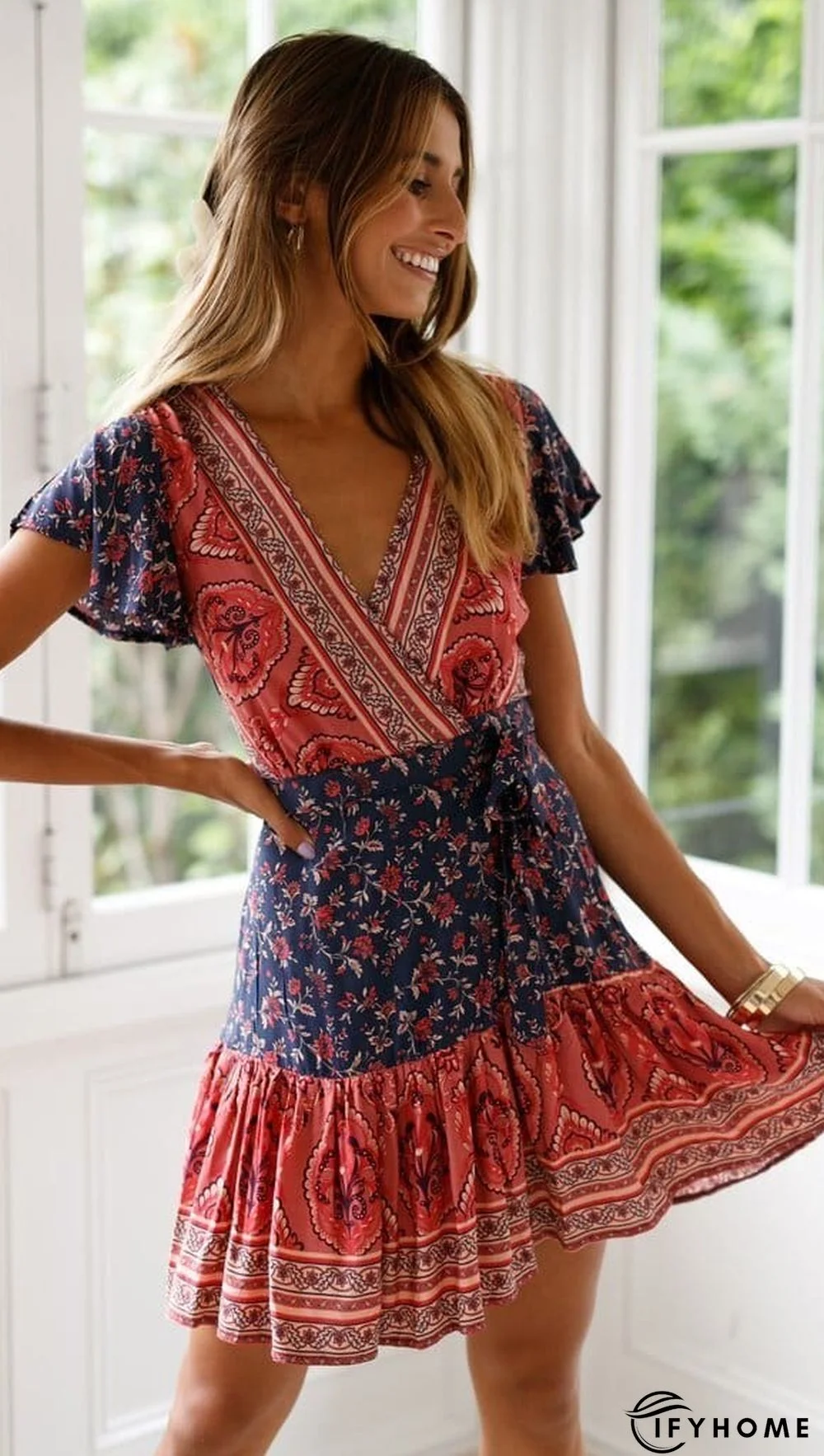 Vintage Women Short Sleeve Wrap Boho Floral Mini Dress Ladies Summer Sundress Holiday V neck Short Sleeve Print Dress | IFYHOME