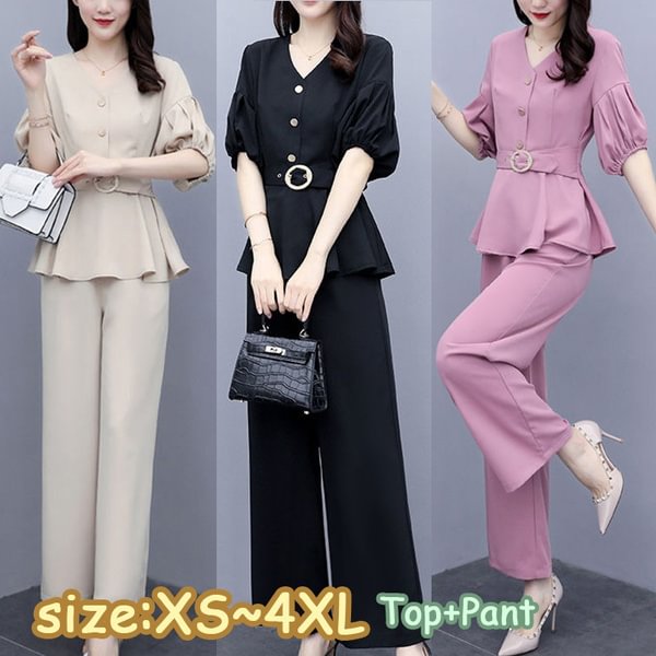 Lady's Suits New Summer Two-Piece Outfits Slinky Lantern Sleeve V-Neck Blouse Black Casual Office Wide-Leg Pants Workwear - Shop Trendy Women's Fashion | TeeYours