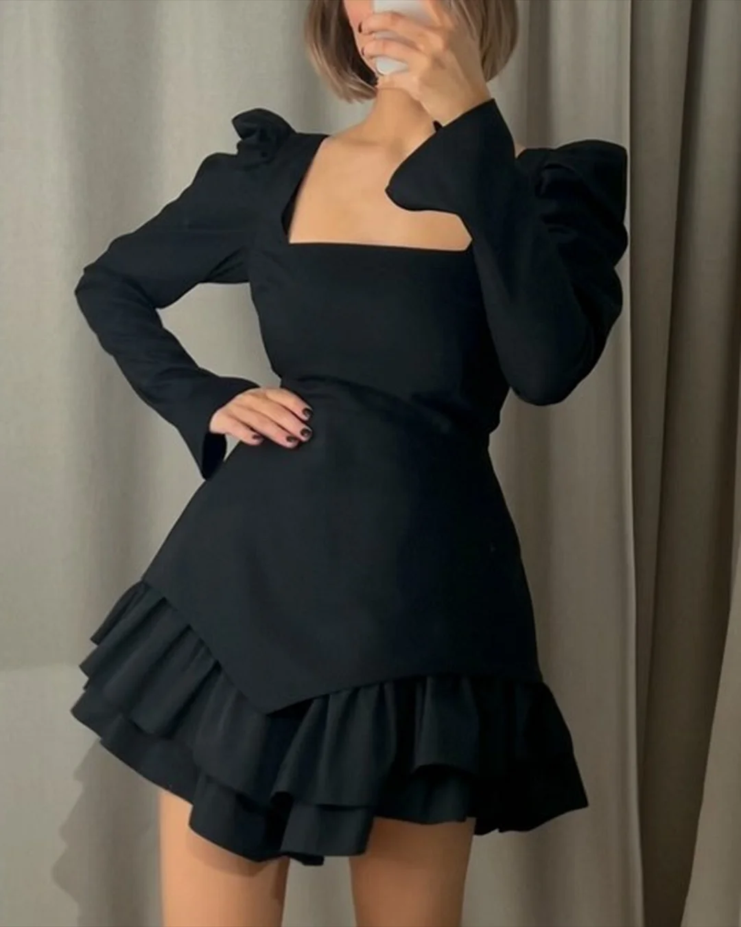 Women's Square Neck Solid Color Splicing Mini Dress​