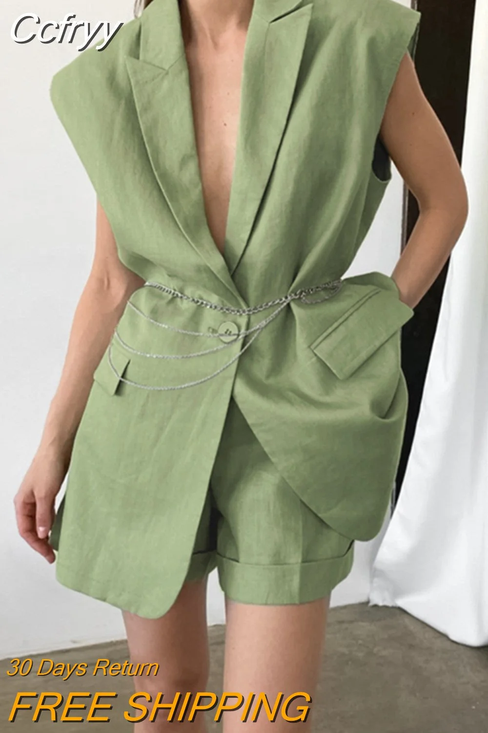 Huibahe Fashion Shoulder Pad Cotton Linen Shorts Suits Two Pieces Casual Office Green Outfits Blazers Tops And Hot Pant Sets