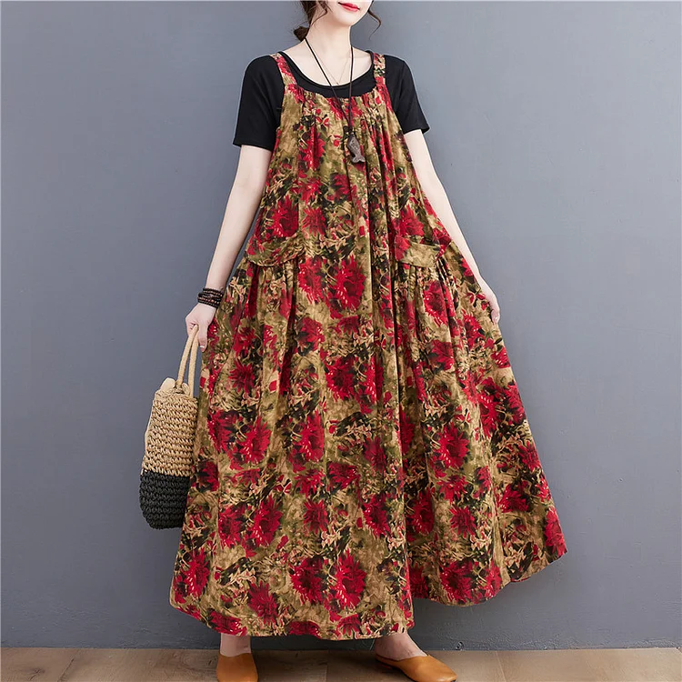 Loose Floral Printed Suspender Maxi Dress - yankia