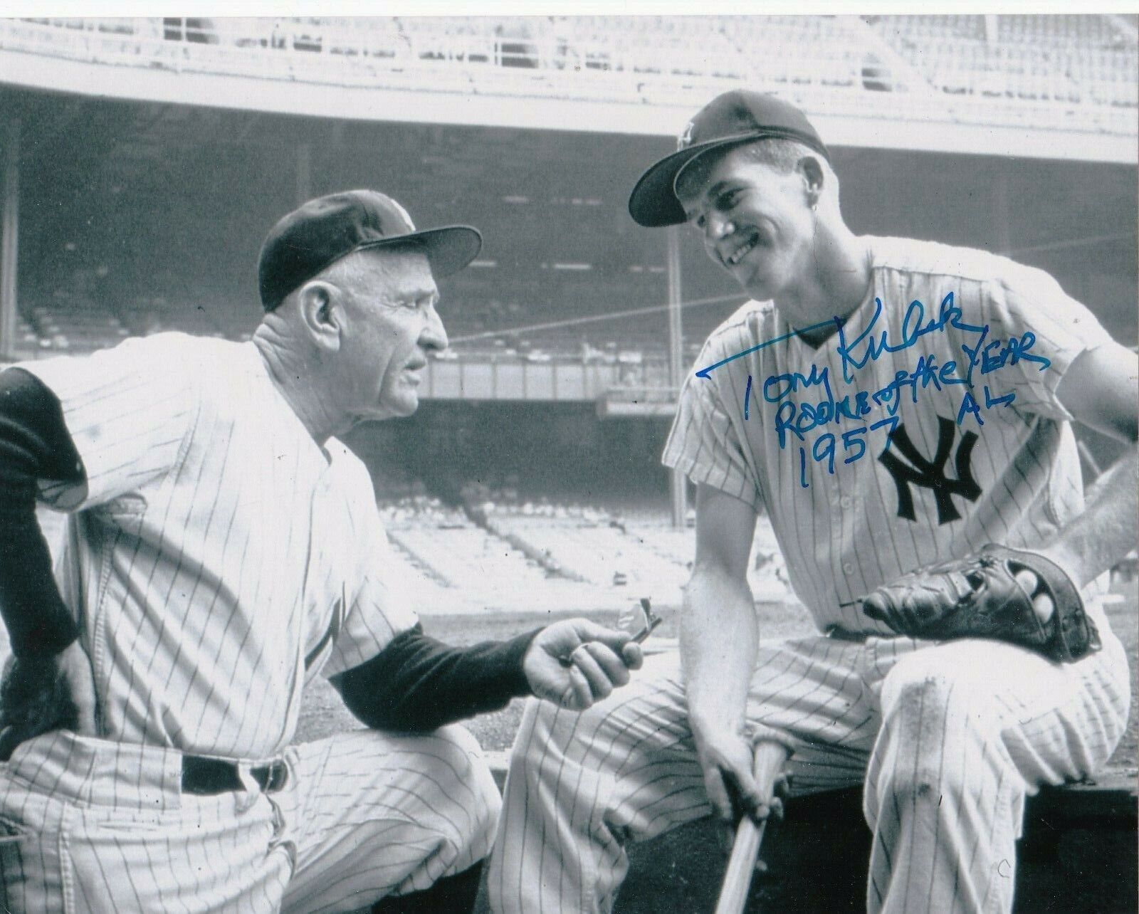 TONY KUBEK NEW YORK YANKEES 1957 AL ROY W/ CASEY STENGEL ACTION SIGNED 8x10