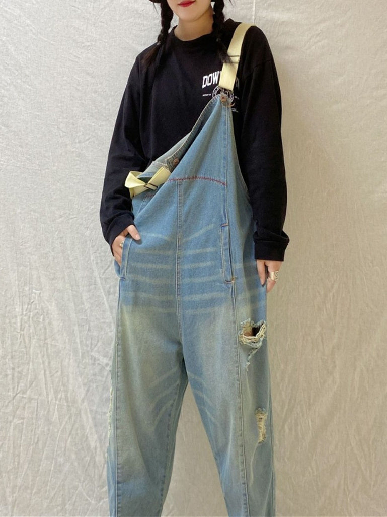Women's Hole Casual Retro Cropped Workwear Denim Overalls Jumpsuit