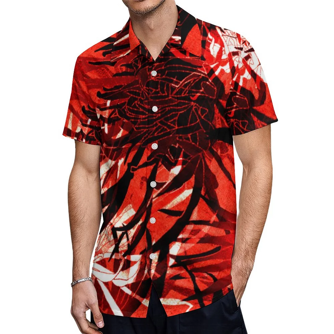 Short Sleeve Red Black Artistic Floral Art Hawaiian Shirt Mens Button Down Plus Size Tropical Hawaii Beach Shirts