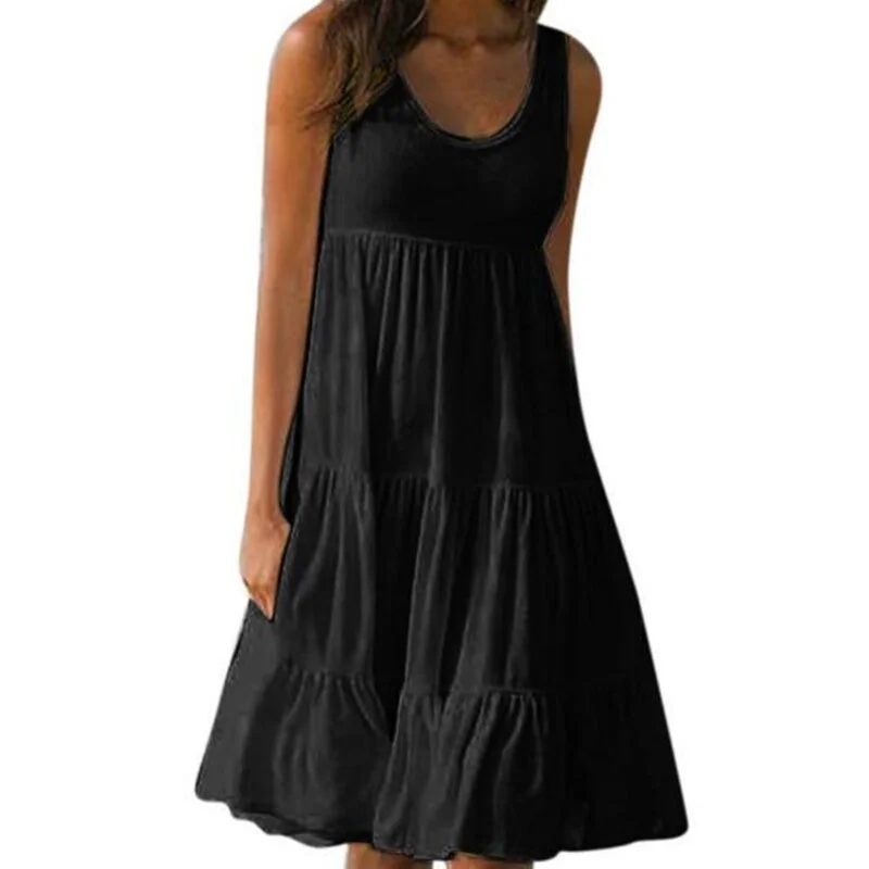 Solid Woman Dress Sleeveless O-neck Pleated Design Mid-Calf Beach Dress Summer Vacation Female Commuting Dresses