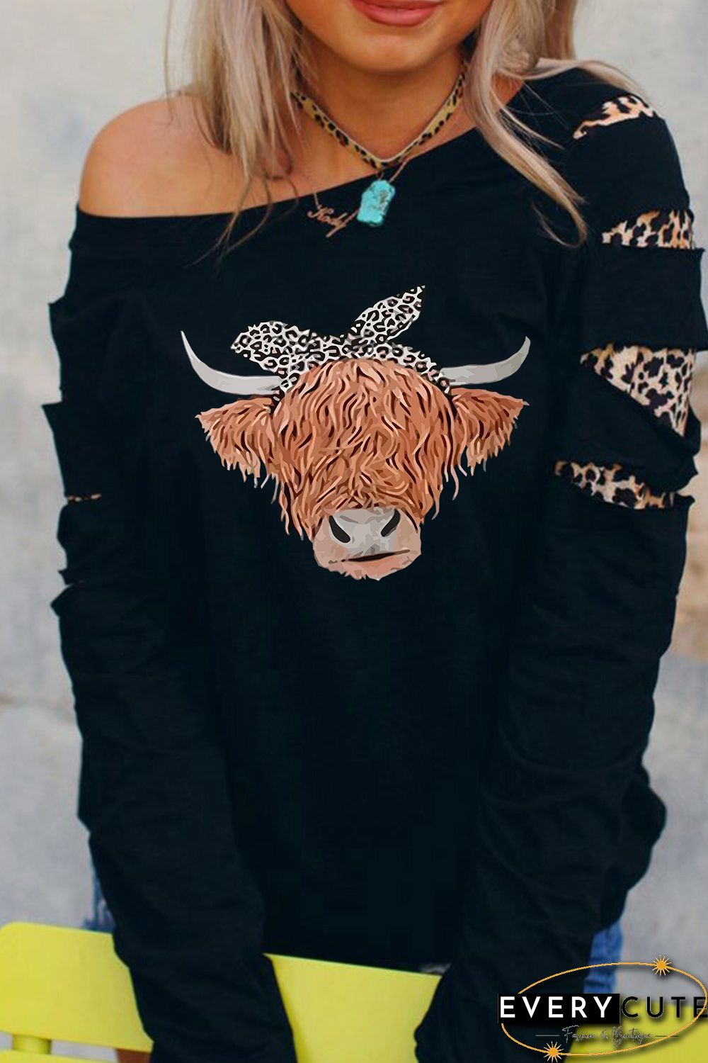 Leopard Cute Cattle Print Cut Out Long Sleeve Sweatshirt