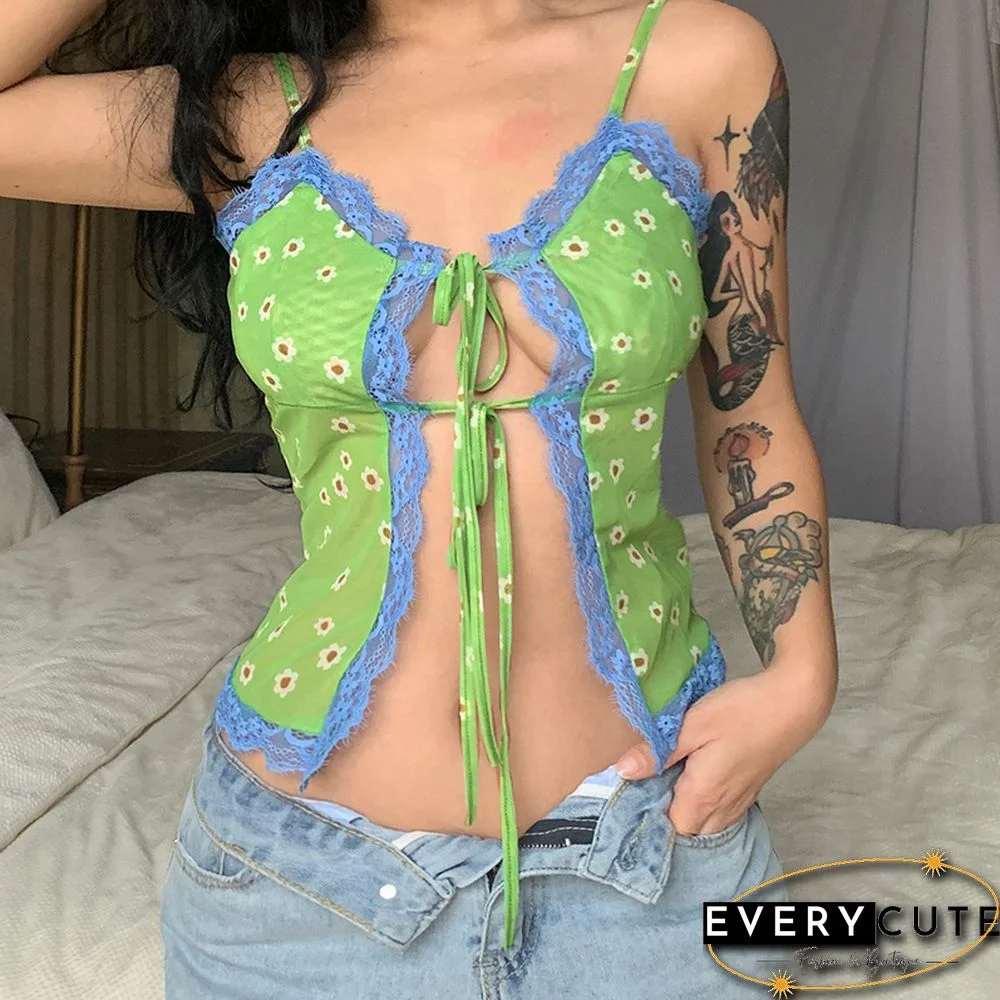 Hollow Out Lace Trim Top Sexy Cute Fairycore Green Summer Cropped Tops Y2k Floral Print Kawaii V Neck Tie Up Cami