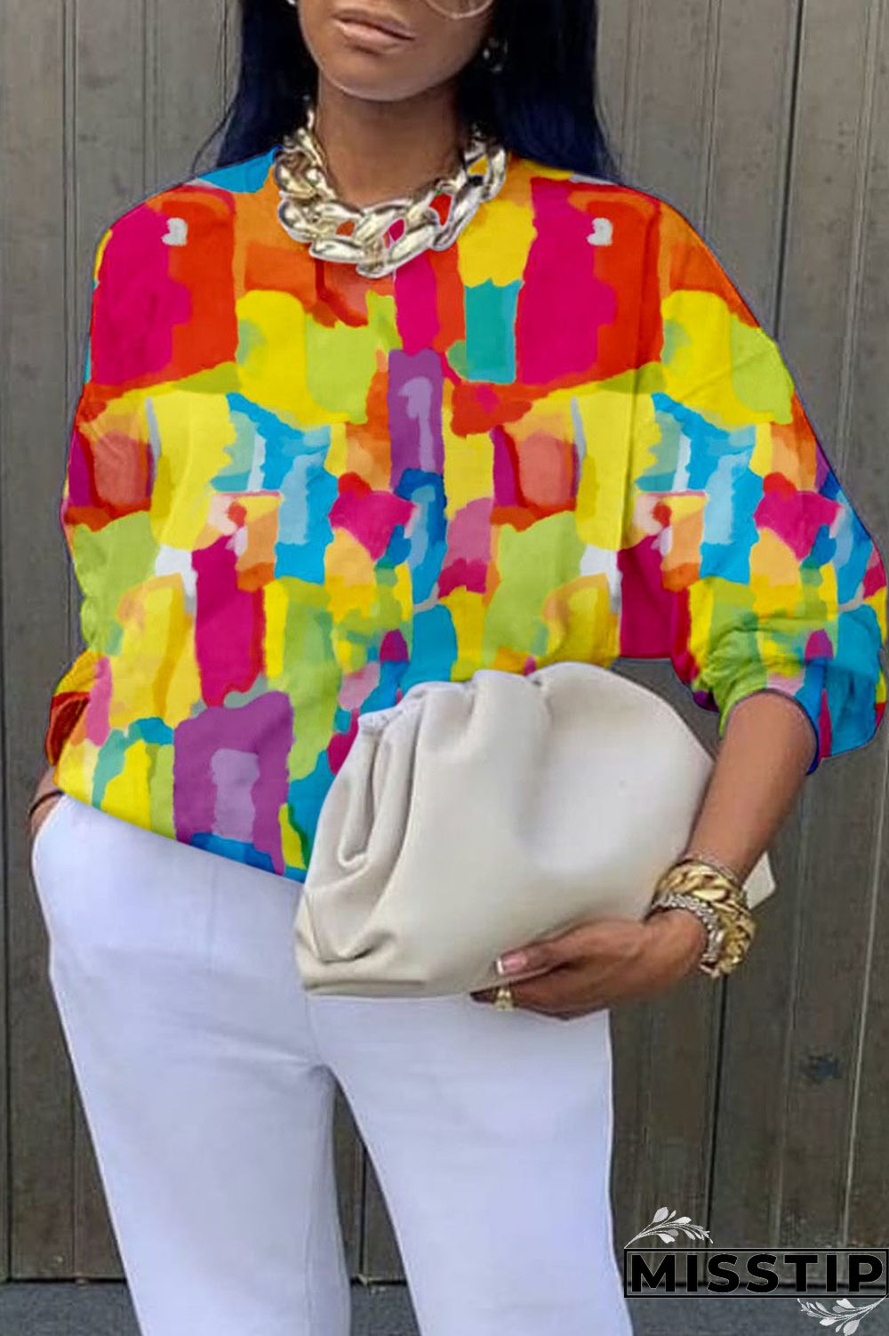 Blue Casual Street Print Patchwork O Neck Tops