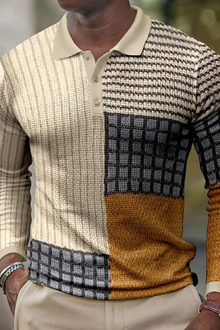 Tiboyz Fashion Men Colorblock Casual Long Sleeve Polo Shirt
