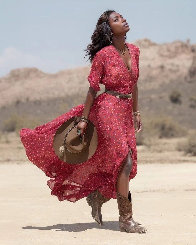 V-neck Red Floral Hem Slit Boho Dress