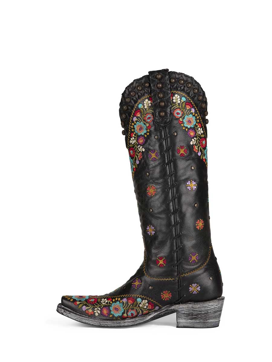 Black Vegan Leather Colorful Floral Embroidered Knee-High Cowgirl Boots